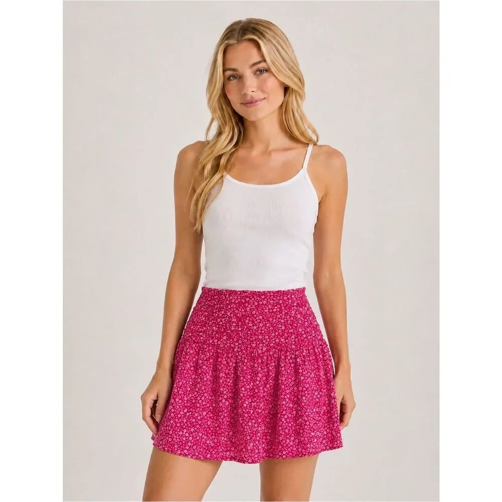 Abound Hot Pink Floral Smocked Waist Mini Skirt
